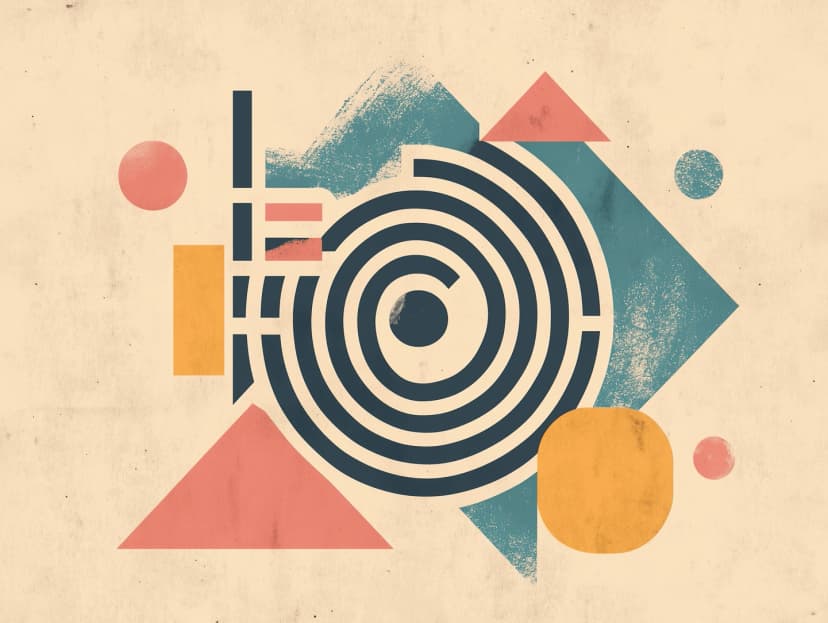 Abstract retro-style geometric illustration centering on a dark blue concentric maze surrounded by textured triangles and circles, conceptually visualizing the complex pathfinding, data indexing, and information retrieval processes of modern search algorithms.